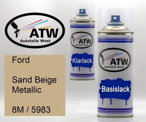 Ford, Sand Beige Metallic, 8M / 5983: 400ml Sprühdose + 400ml Klarlack - Set, von ATW Autoteile West.